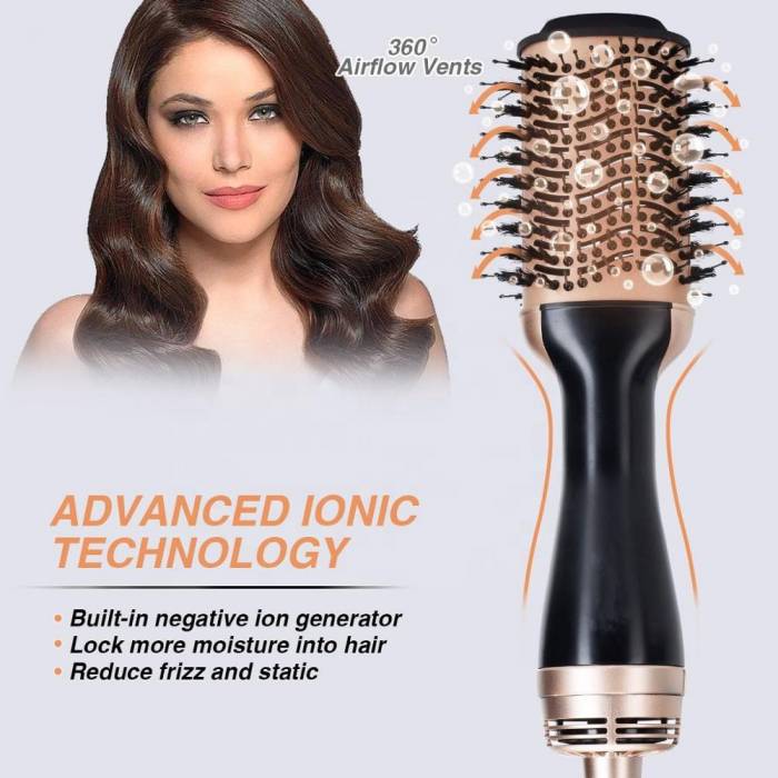 2 in 1 Multifunctional Degree 1000W Professional Brush Fast Straight Hot Air Styler Brush Gold Color One Step Hair Dryer